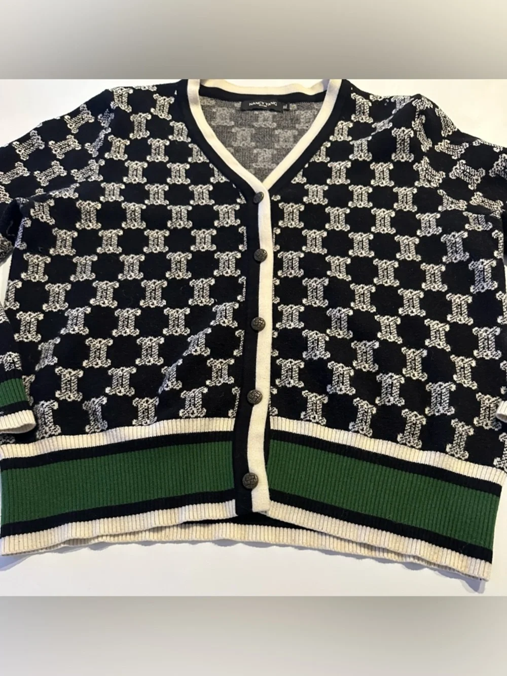 Black and White Patterned V-Neck Cardigan with Green Trim - Picture 2 of 8